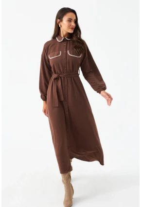 Kadın Taba Kemerli Maxi Gömlek Elbise MASF17