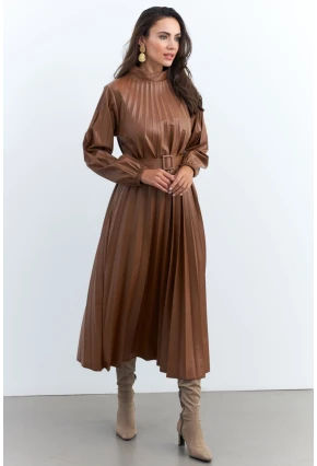 Kadın Taba Pileli Kemerli Maxi Elbise MALZ99