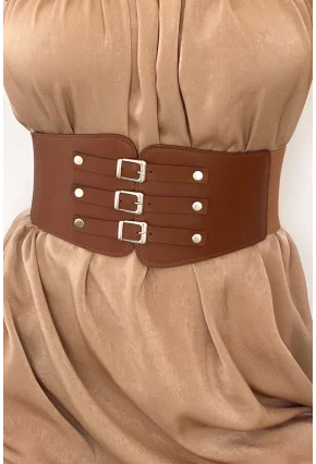 Kadın Taba Üç Tokalı Lastikli Korse Kemer BE642