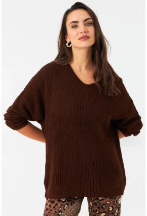 Kadın Tarçın V Yaka Salaş Triko Bluz SMT158