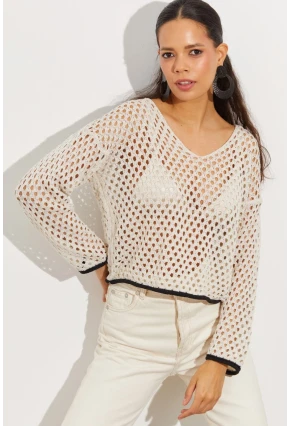 Kadın Taş Ajurlu Triko Bluz YV138