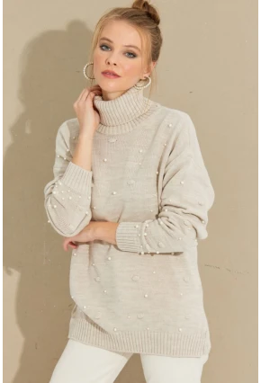 Kadın Taş Balıkçı Yaka İncili Triko Kazak MSS129