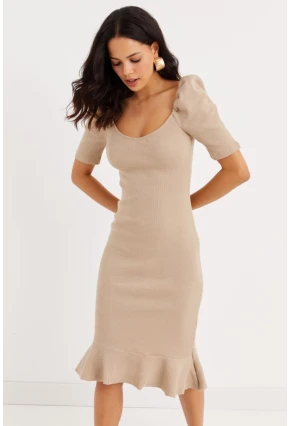 Kadın Taş Balon Kol Eteği Volanlı Mevsimlik Midi Elbise Yİ2244