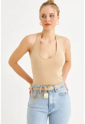 Kadın Taş Boyun Askılı Crop Bluz TF69