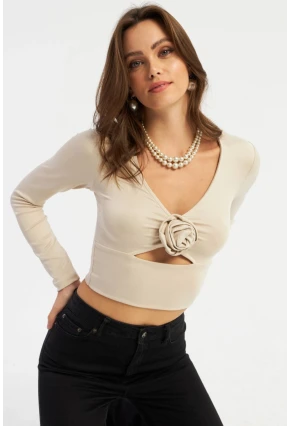 Kadın Taş Gül Detaylı Pencereli Bluz AYD378