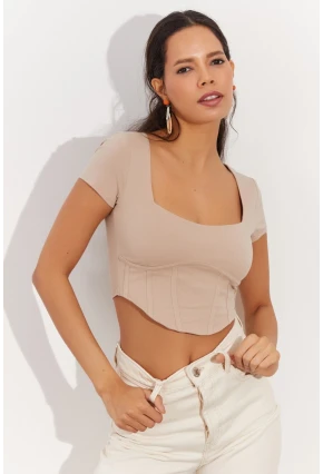 Kadın Taş Kare Yaka Crop Bluz RX420