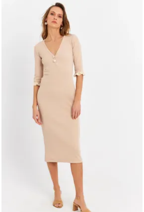 Kadın Taş Kolları Dantel Detaylı Kaşkorse Midi Elbise EY2955