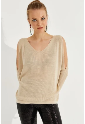 Kadın Taş Kolu Yırtmaçlı Triko Bluz SMT221