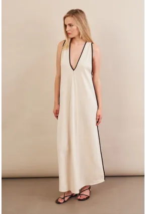 Kadın Taş Kontrast Çizgili Maxi Keten Elbise MSİ101