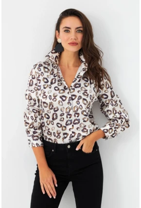 Kadın Taş Leopar Desenli Saten Gömlek SHR9