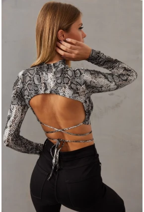 Kadın Taş Sırt Dekolteli Yılan Desenli Crop Bluz LPP1131