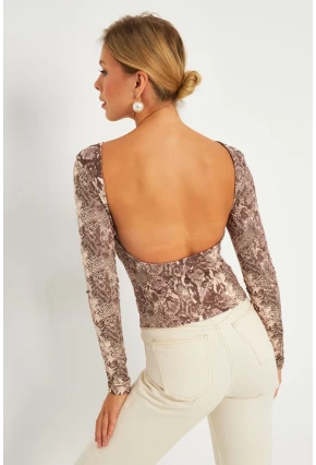 Kadın Taş Sırtı Açık Yılan Desenli Bluz GÇ187
