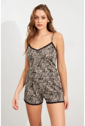 Kadın Taş-Siyah Dantel Detaylı Leopar Pijama Takımı SAN102