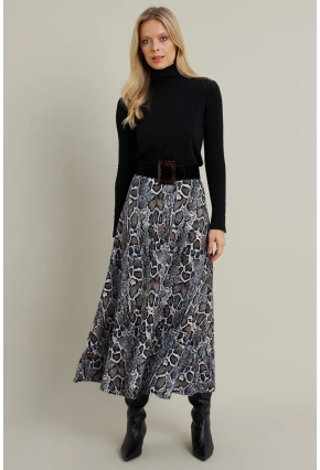Kadın Taş-Siyah Desenli Çan Etek LON3007