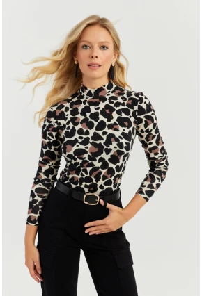 Kadın Taş-Siyah Leopar Desenli Bluz AYD267