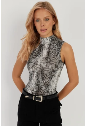 Kadın Taş-Siyah Yılan Desenli Kolsuz Bluz LPP1259