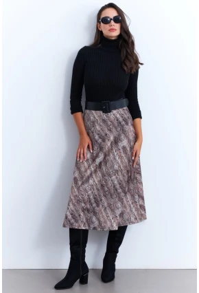 Kadın Taş-Siyah Yılan Desenli Saten Çan Etek ELT161