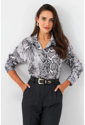Kadın Taş-Siyah Yılan Desenli Saten Gömlek SHR9