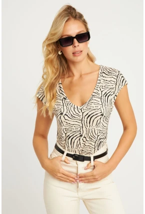 Kadın Taş V Yaka Desenli Bluz LPP1285