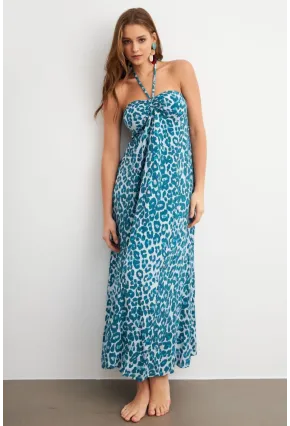 Kadın Turkuaz Büzgülü Desenli Midi Elbise KAB304