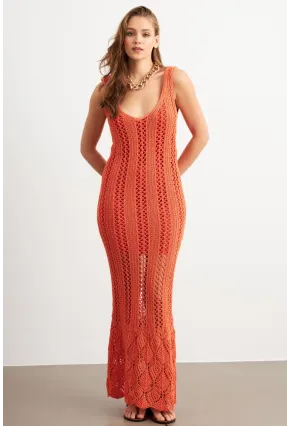 Kadın Turuncu Astarlı Ajurlu Maxi Elbise MBE15001