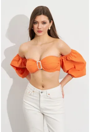 Kadın Turuncu Balon Kol Crop Bluz ROP111