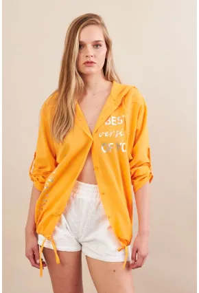 Kadın Turuncu Baskılı Kapüşonlu Gömlek MPC308