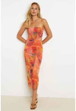 Kadın Turuncu Büzgülü Astarlı Tül Midi Elbise YEL89