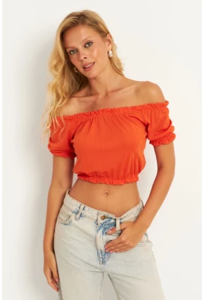 Kadın Turuncu Büzğülü Crop Bluz KAZ13