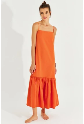 Kadın Turuncu Eteği Volanlı Askılı Midi Elbise MEN2001