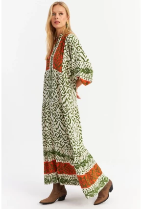 Kadın Turuncu-Haki Volanlı Maxi Elbise MALO11