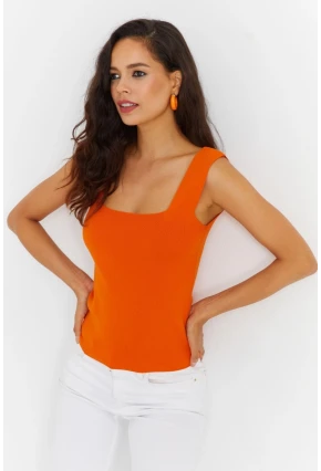 Kadın Turuncu Kare Yaka Triko Bluz YV87
