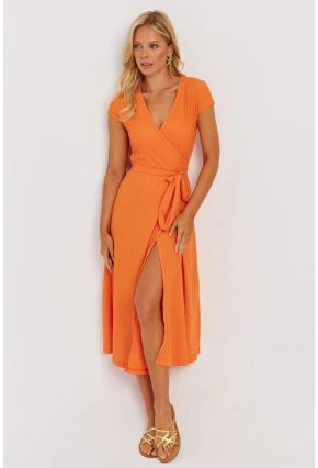 Kadın Turuncu Kruvaze Midi Elbise EY2781
