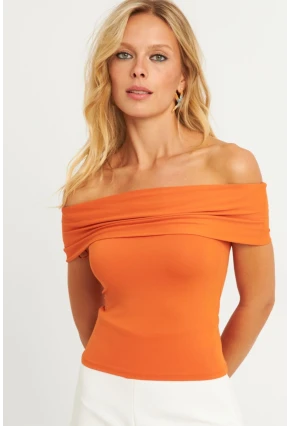 Kadın Turuncu Madonna Yaka Bluz CY340