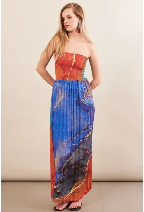 Kadın Turuncu-Mavi Straplez Pilise Uzun Elbise MSİ100