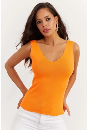 Kadın Turuncu Merdiven Yaka Triko Bluz YV83