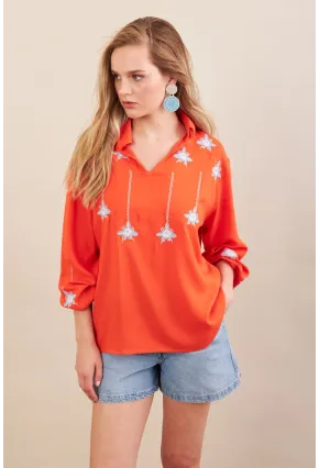 Kadın Turuncu Nakışlı Bluz MPC1345