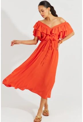 Kadın Turuncu Ön Arka V Volanlı Elbise KS113
