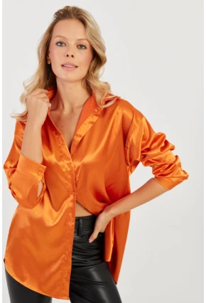 Kadın Turuncu Saten Gömlek SF2537