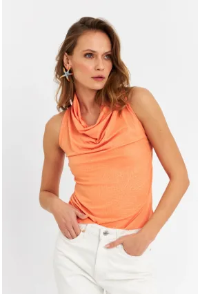 Kadın Turuncu Sırt Pencereli Desenli Bluz LPP1021