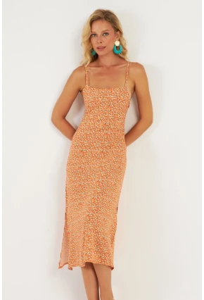 Kadın Turuncu Sırtı Gipeli Desenli Midi Elbise MP427