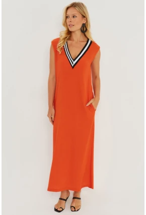 Kadın Turuncu V Yaka Bloklu Maxi Elbise EY2779