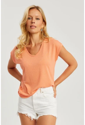 Kadın Turuncu V Yaka Simli Bluz RX436