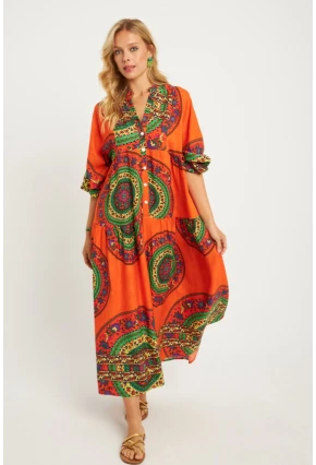 Kadın Turuncu-Yeşil Desenli Midi Elbise GÇ169