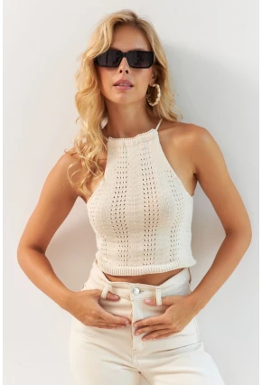 Kadın Vanilya Ayarlanabilir Boyunlu Triko Bluz MP20147