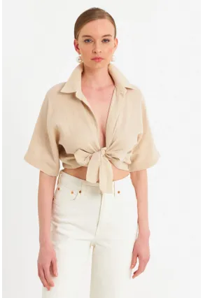 Kadın Vanilya Bağlamalı Keten Bluz BTH16