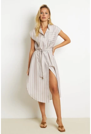 Kadın Vanilya Çizgili Midi Gömlek Elbise SF1000