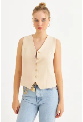 Kadın Vanilya Düğme Detaylı Astarlı Yelek SGT410