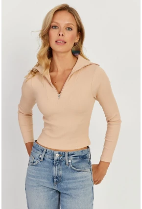 Kadın Vanilya Fermuarlı Kısa Bluz CY336