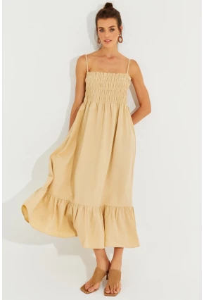 Kadın Vanilya Gipeli Askılı Midi Elbise MEN2000